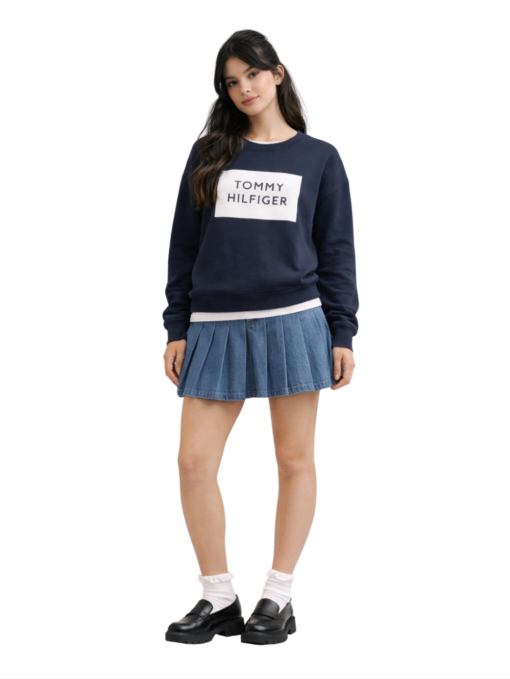 Tommy Hilfiger Navy Drop Shoulder Boxy Sweatshirt White Logo – Size Large EUC